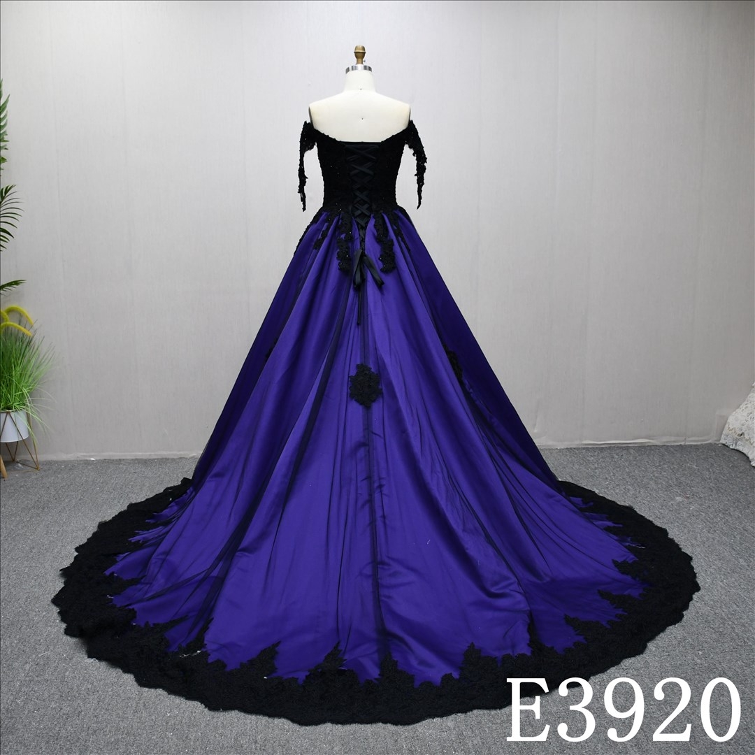A-line black and purple niche design wedding evening dress with three-dimensional flowers and beads