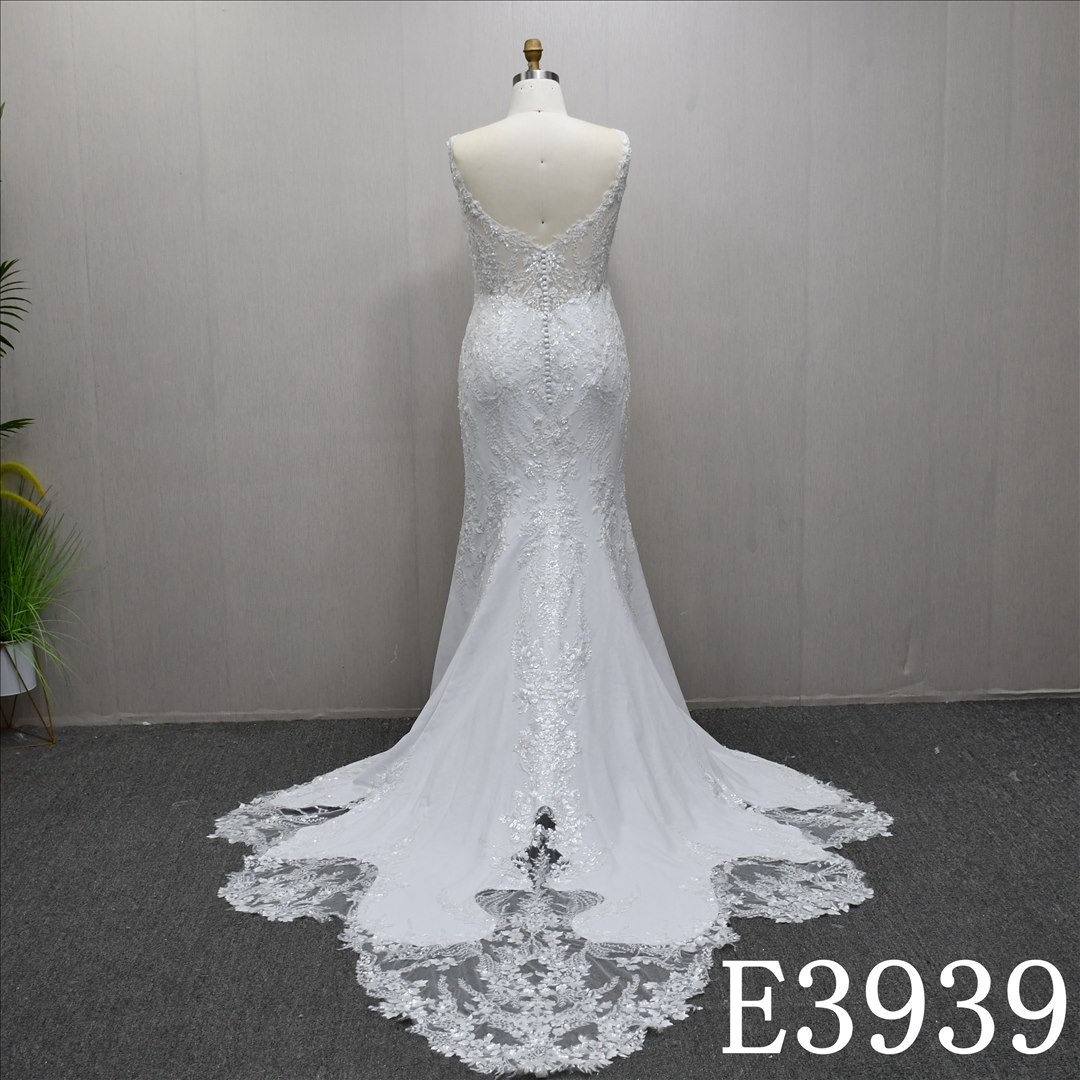 Straps off the shoulder square neckline- applique beaded sequins elegant slim- mermaid wedding dress