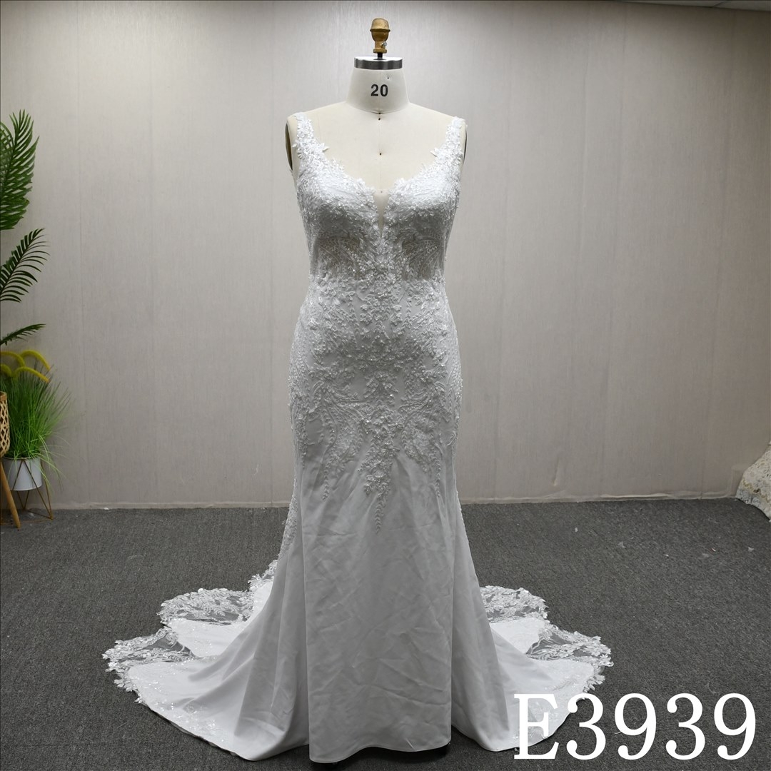 Straps off the shoulder square neckline- applique beaded sequins elegant slim- mermaid wedding dress