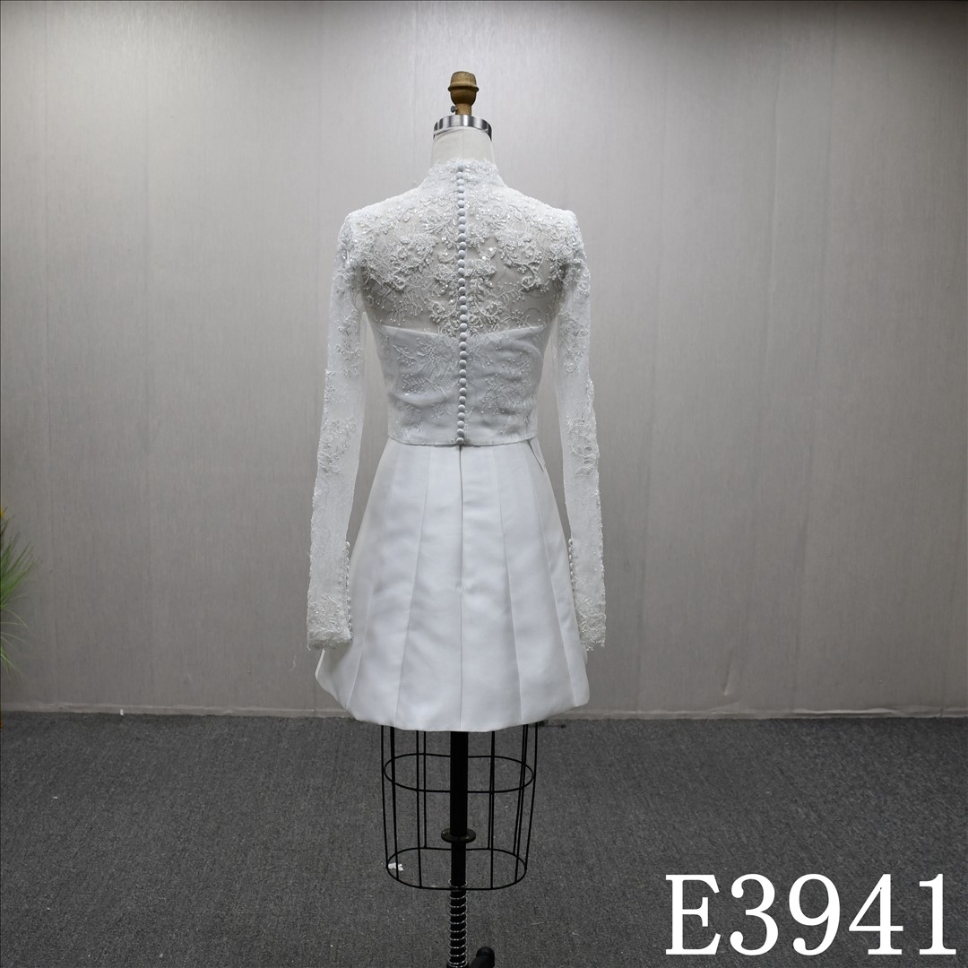 Detachable long-sleeved lace top A-line short skirt evening gown wedding dress