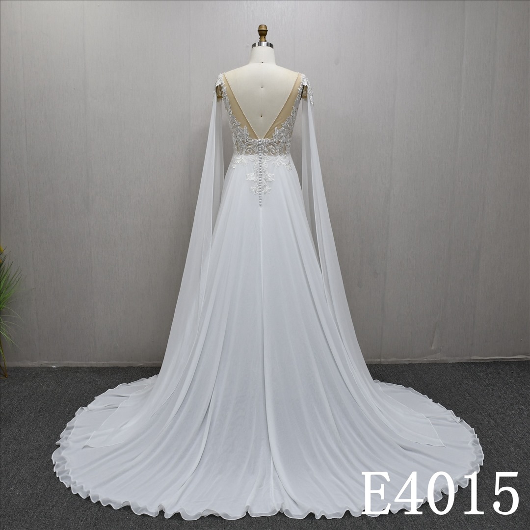 2025 new v-neck A-line crepe lace soft and flowing sleeves hot selling wedding dress