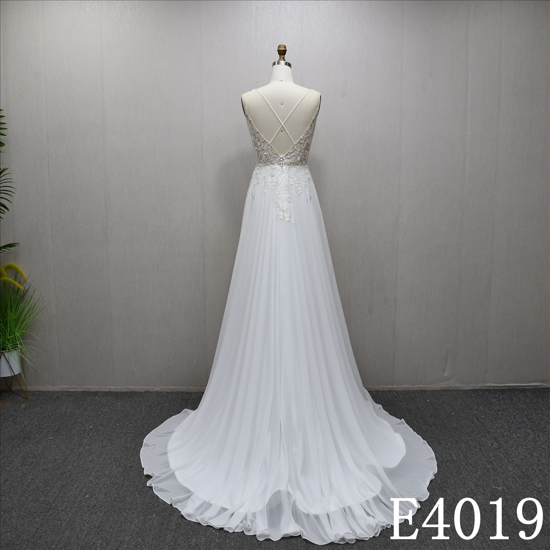 Elegant Spaghetti straps lace beaded sequins A-line front slit bridal gown
