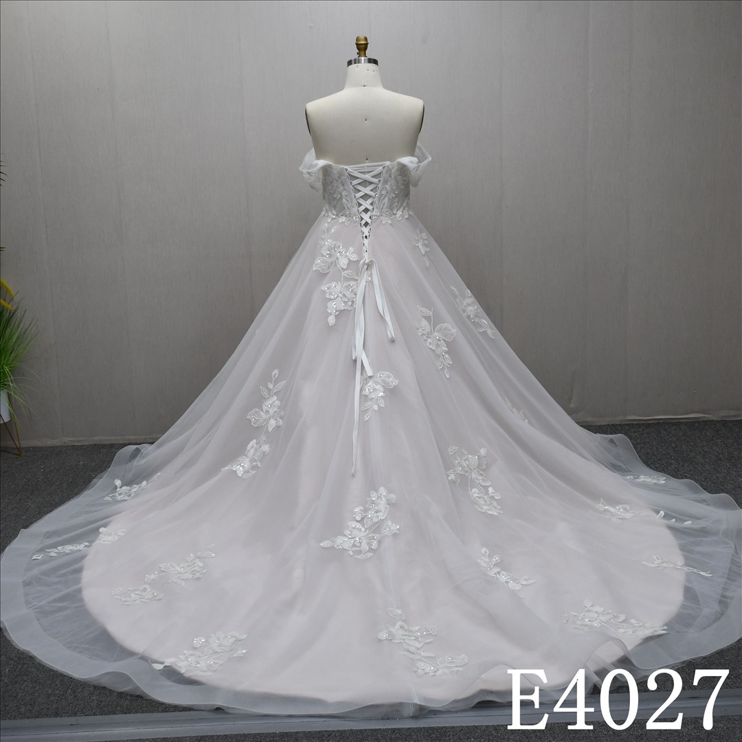 A-line wedding evening dress, sweetheart neckline, off sleeves, lace and sequins