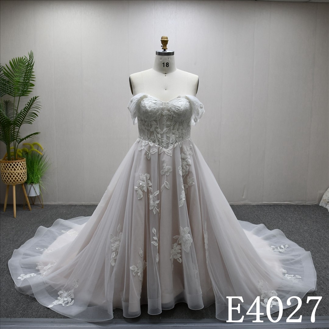 A-line wedding evening dress, sweetheart neckline, off sleeves, lace and sequins