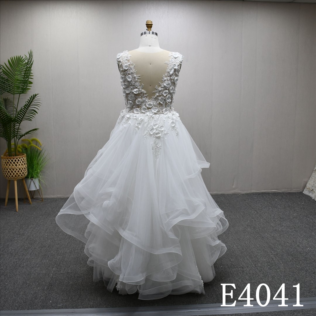 A stylish Illusion neckline, high-quality A-line wedding dress with full-body lace detailing