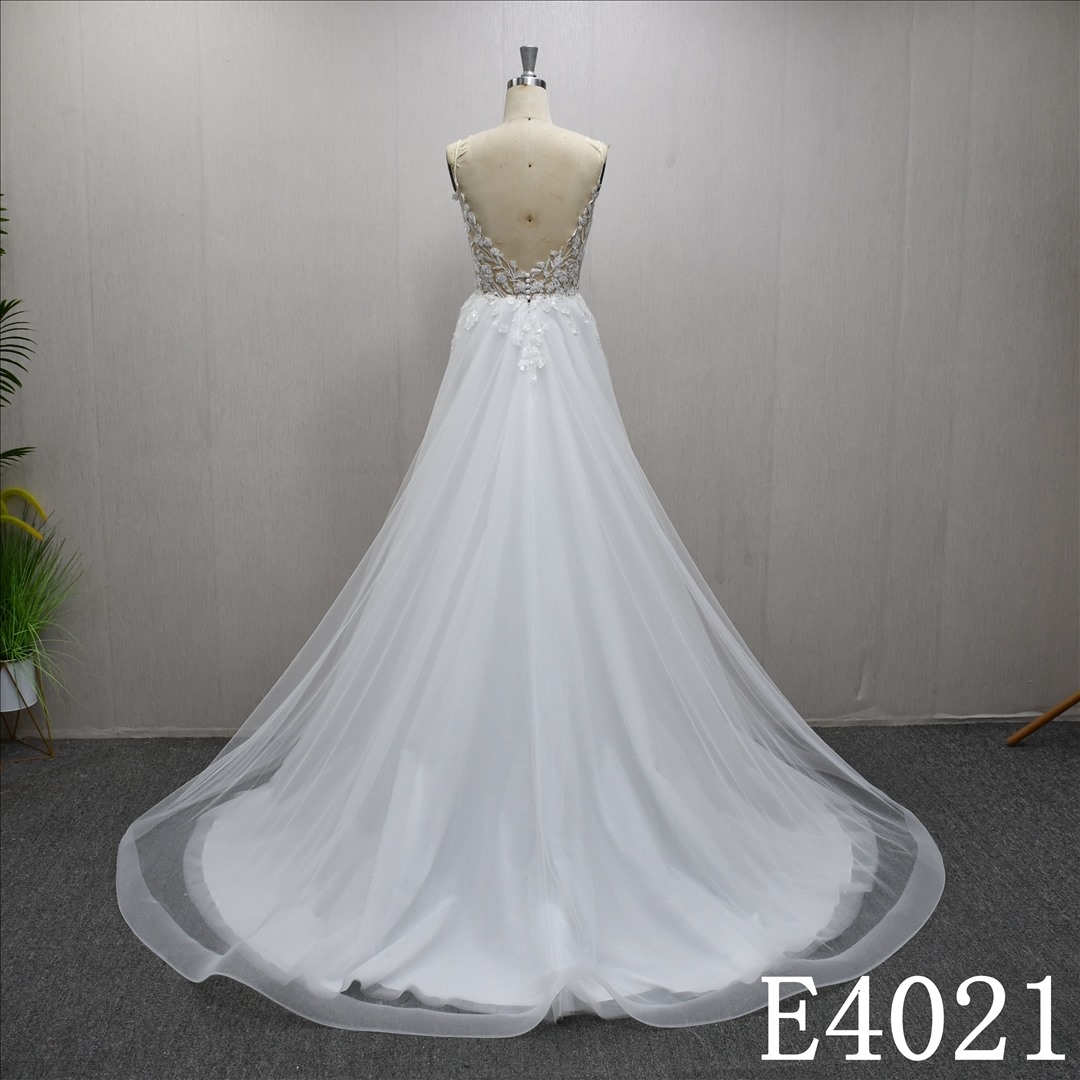 New lace sequined V-neck backless zipper button A-line wedding evening gown