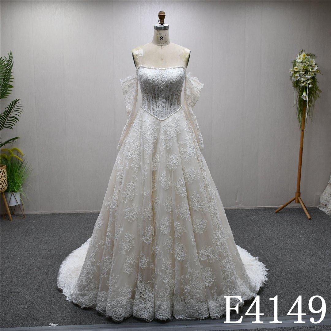 2025 New Straight neckline A-line Full-body lace Wedding Dress Evening Gown