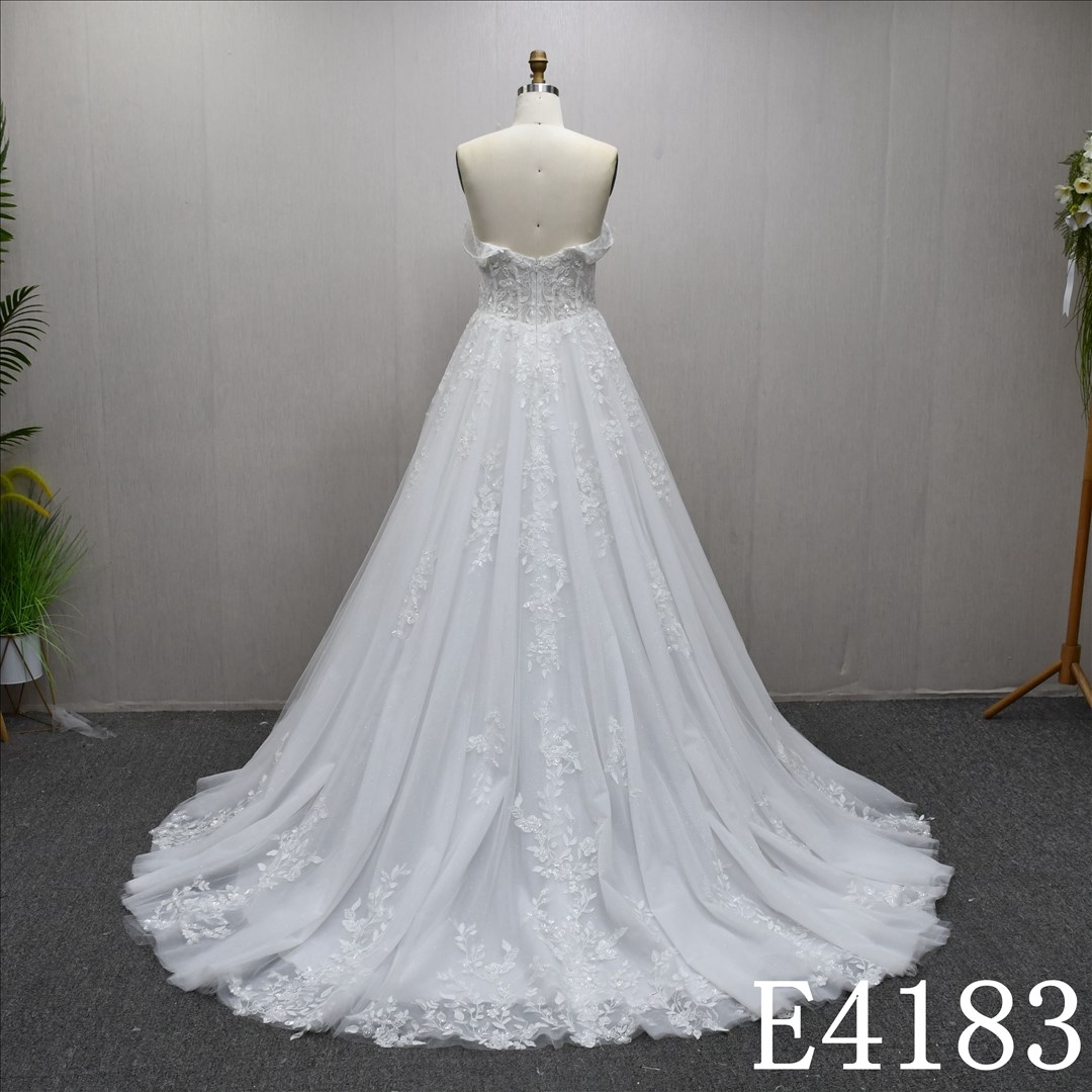 Elegant Off-Sleeves Lace Beaded A-Line Wedding Dress with Back Zipper