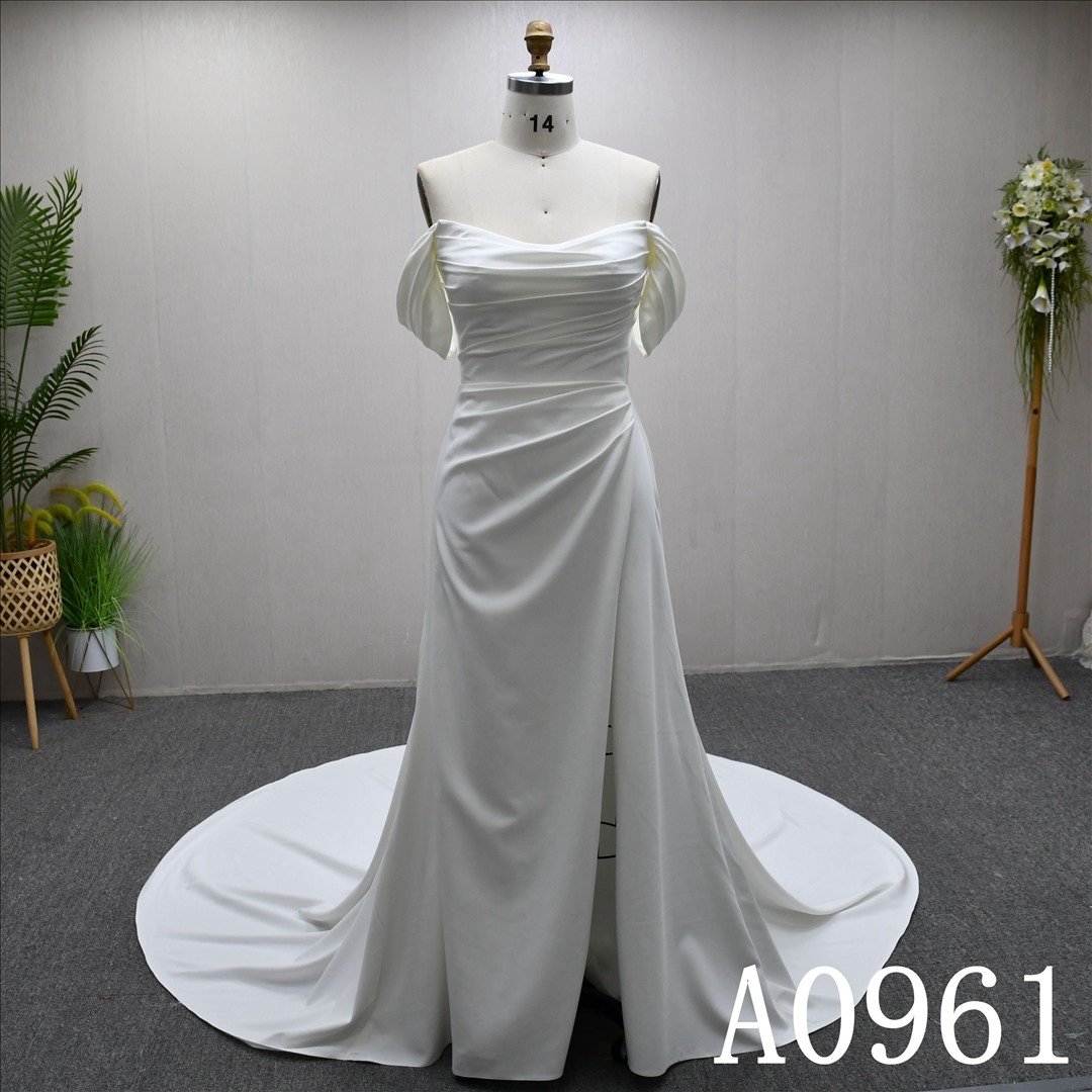Elegant off-sleeve, minimalist design, pleated A-line wedding dress with a back zipper.