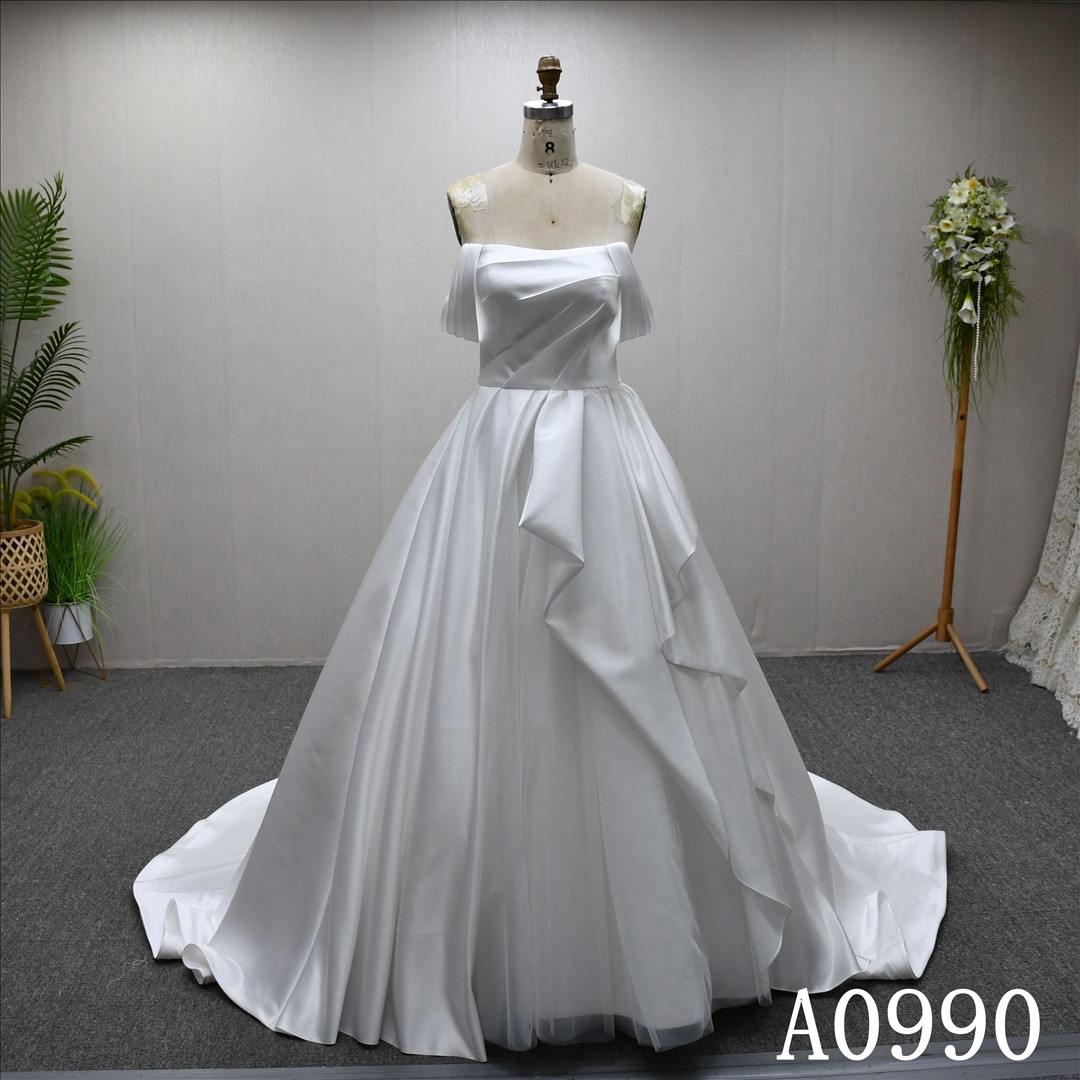 Bestselling A-line dress with unique pleats, sweeping train wedding gown evening dress