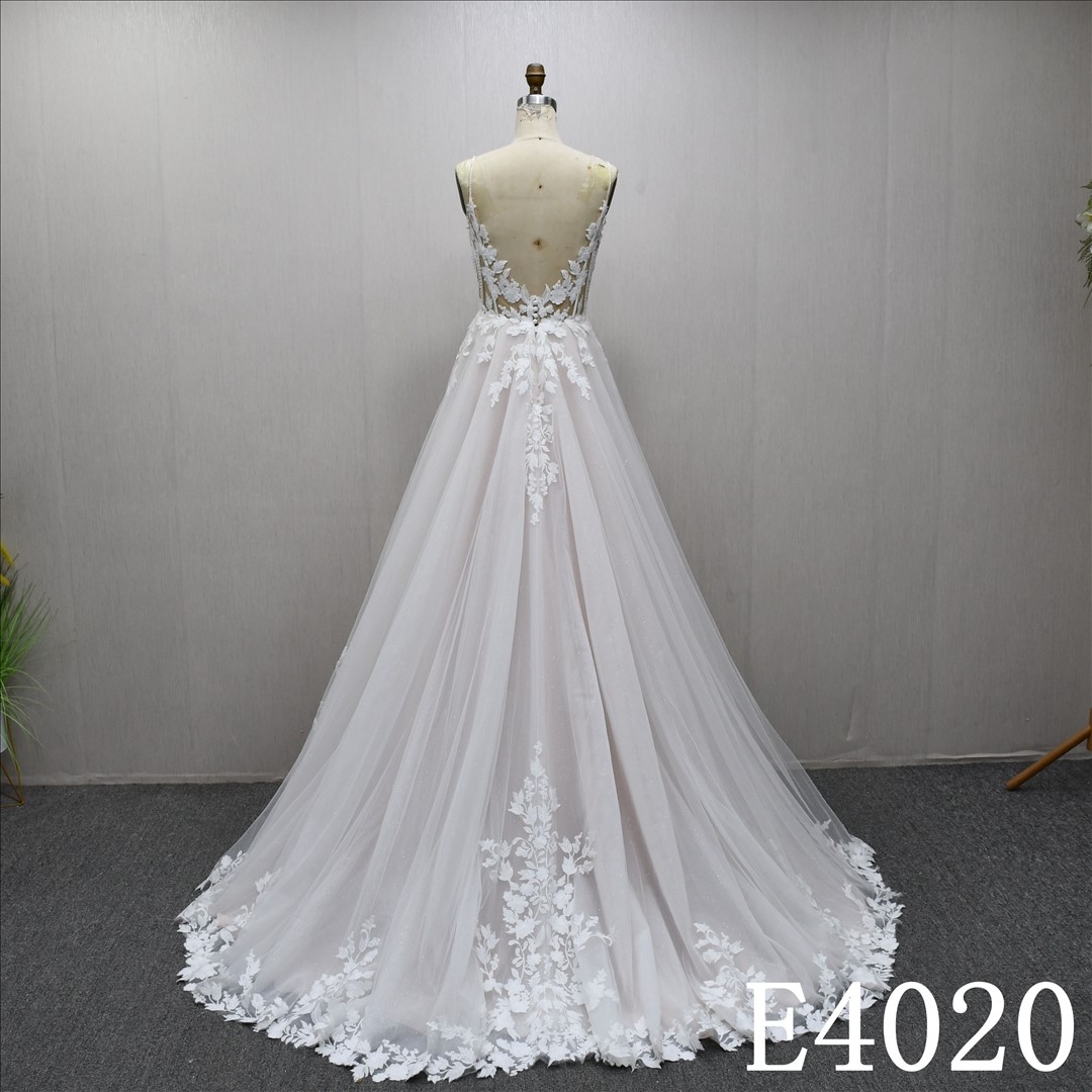 Bestselling A-line dress with lace embellishments, sweep train wedding evening gown