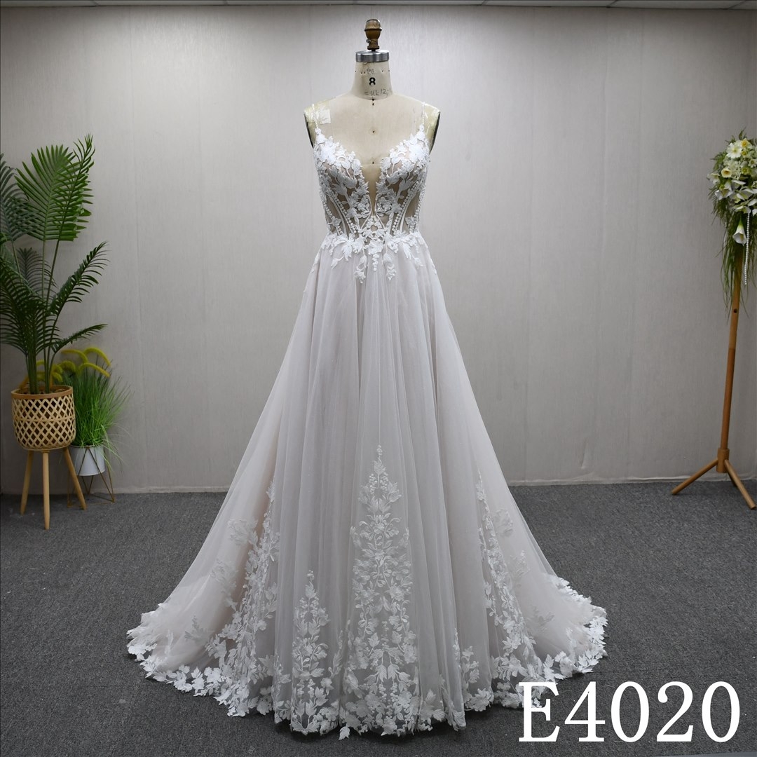 Bestselling A-line dress with lace embellishments, sweep train wedding evening gown