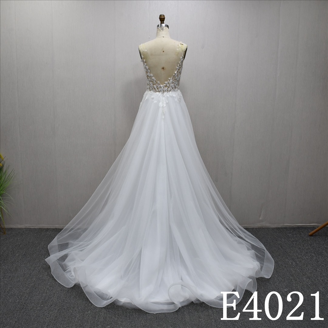 Elegant Spaghetti straps Lace Beaded A-Line Wedding Dress with Back Zipper and Button