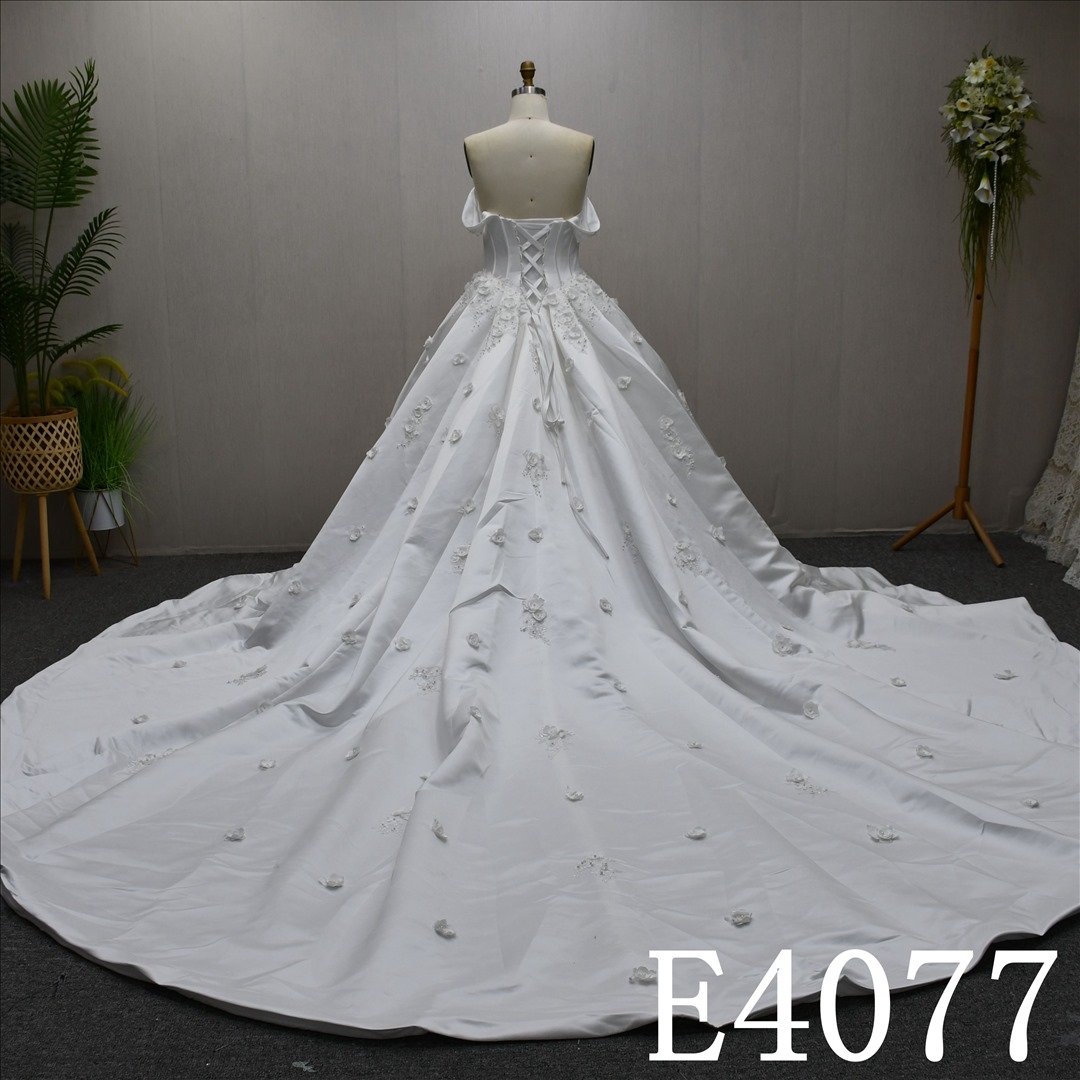 Beautiful unique luxury A-line wedding evening dress with lace flowers and beading