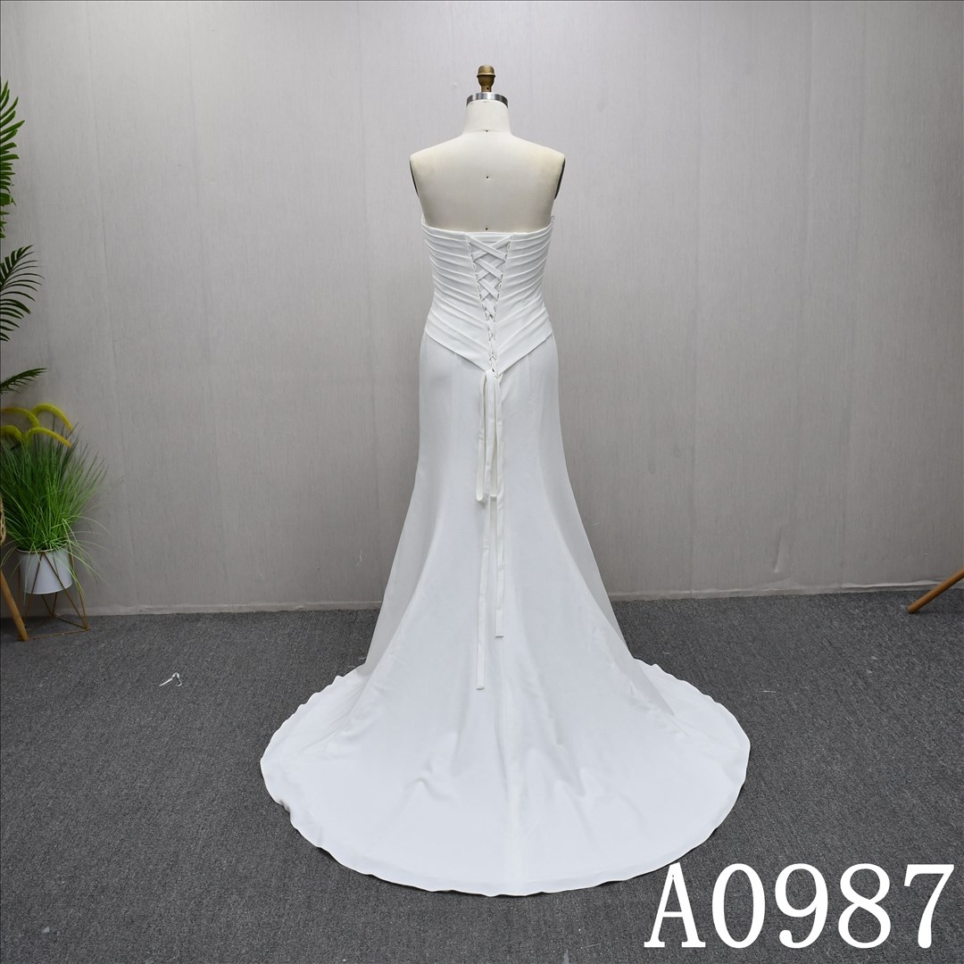 Bestselling A-line dress, simple satin lace up back design, sweep train wedding dress