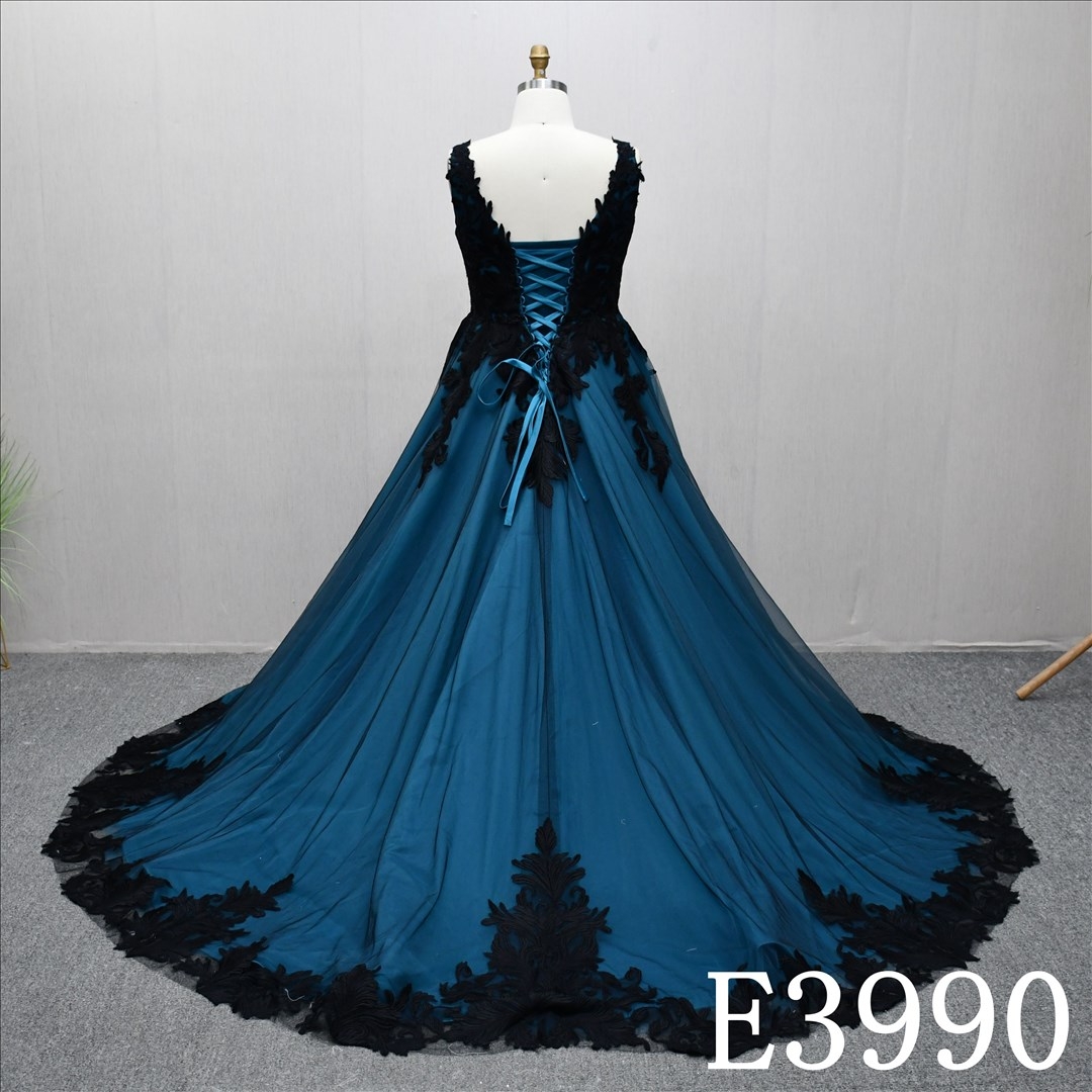 Unique A-line wedding dress in black and blue, with a sweetheart neckline and intricate design