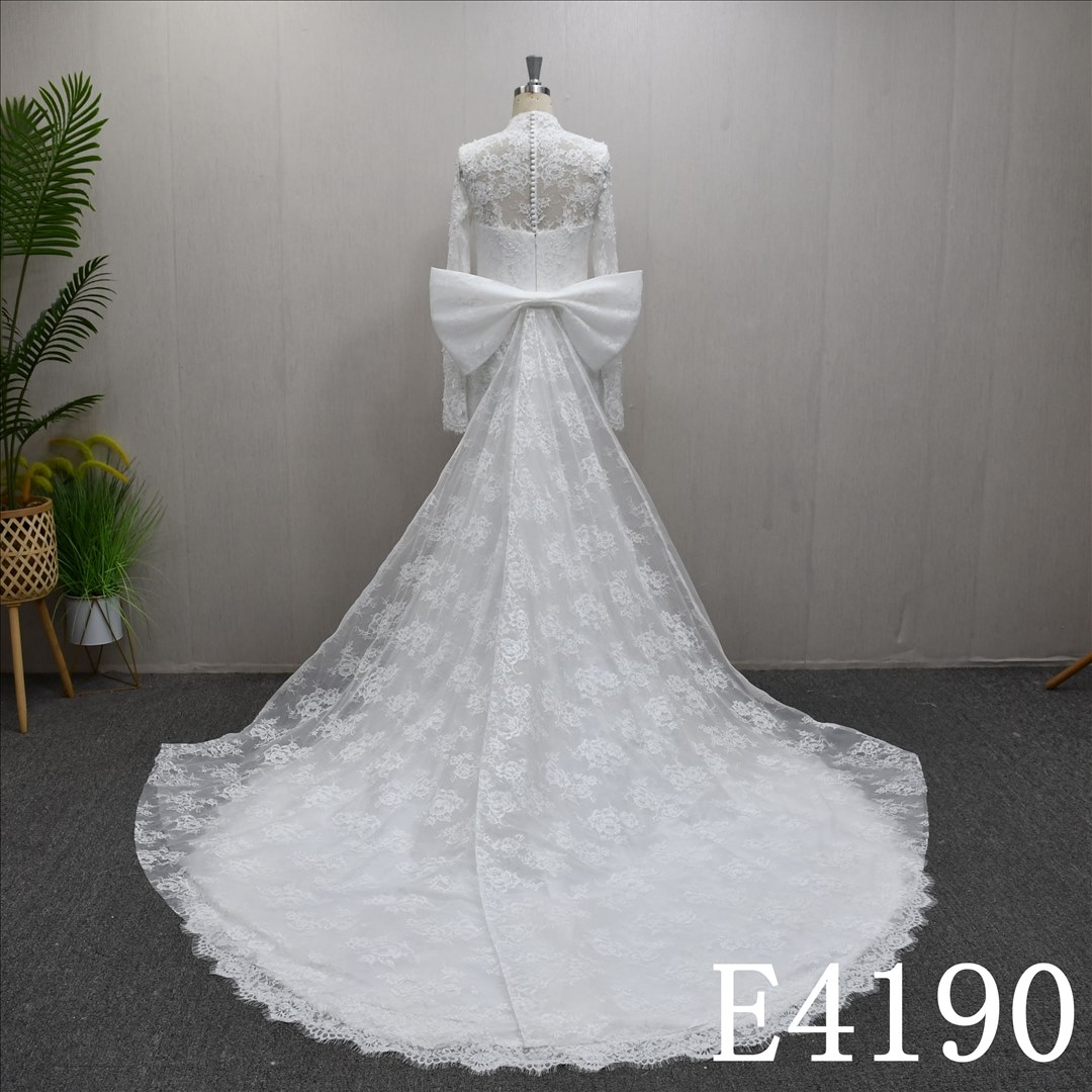 An A-line wedding dress with a all body lace design and a zipper and buttons at the back.