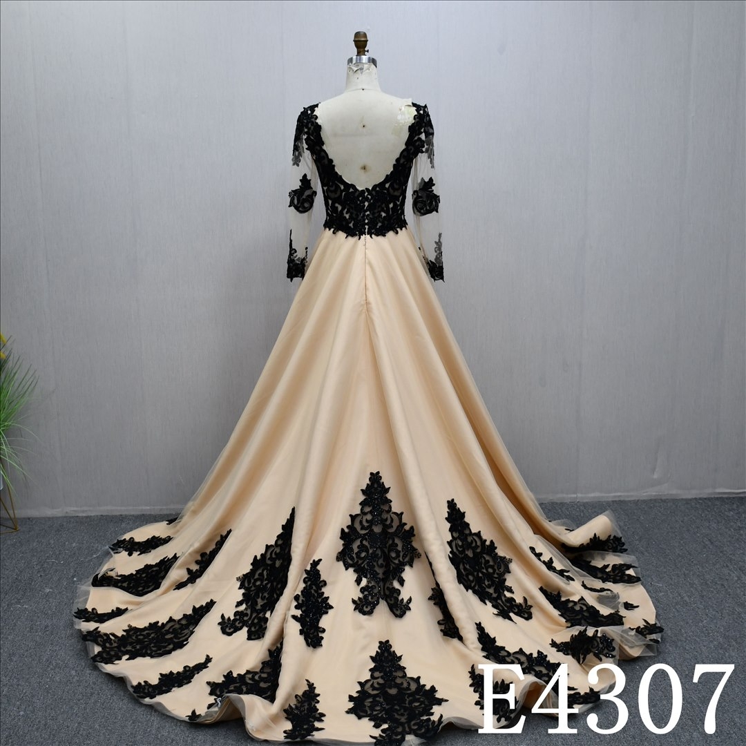 Hot-selling Nude and Black A-line dress Lace design Sweep train wedding dress