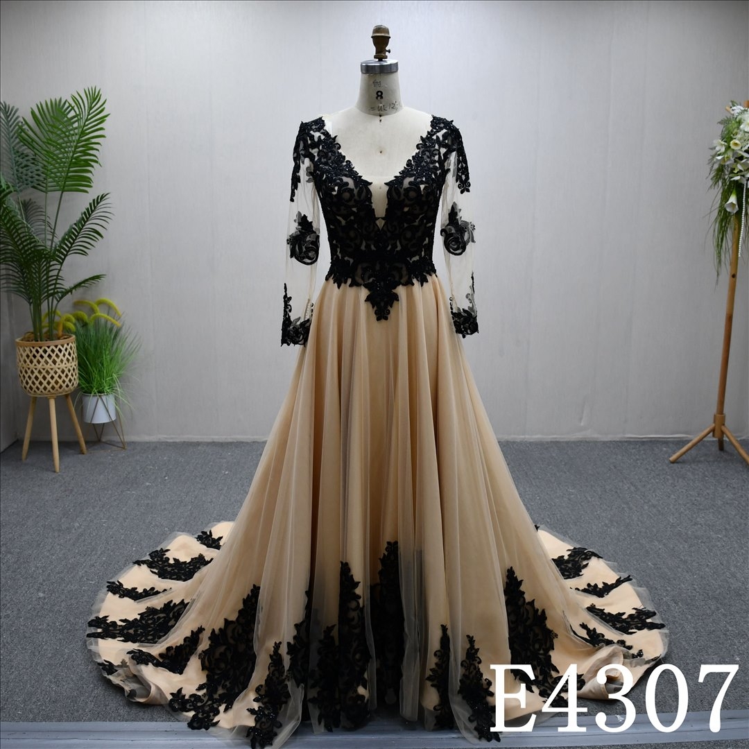 Hot-selling Nude and Black A-line dress Lace design Sweep train wedding dress