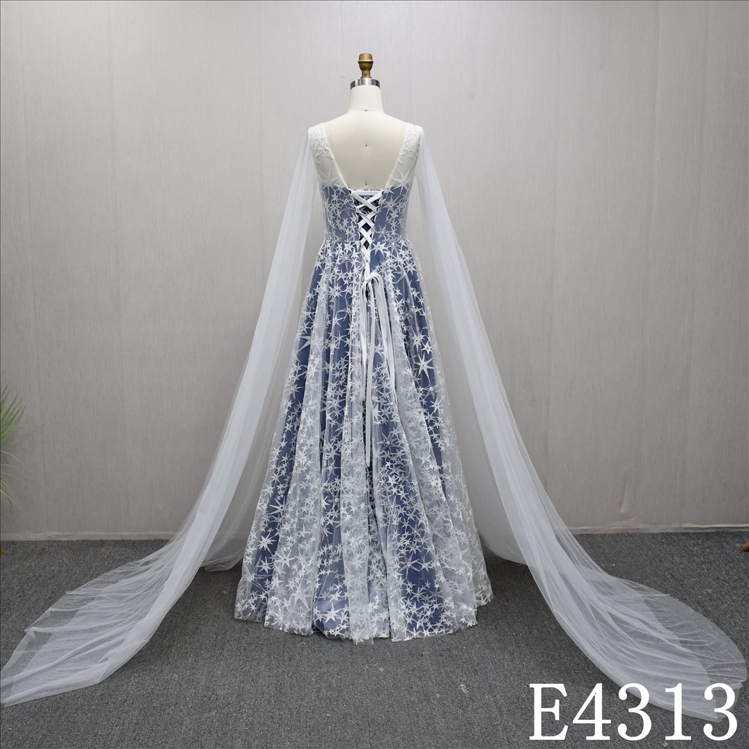Beautiful unique Ivory and blue A-line wedding evening dress with full-body lace