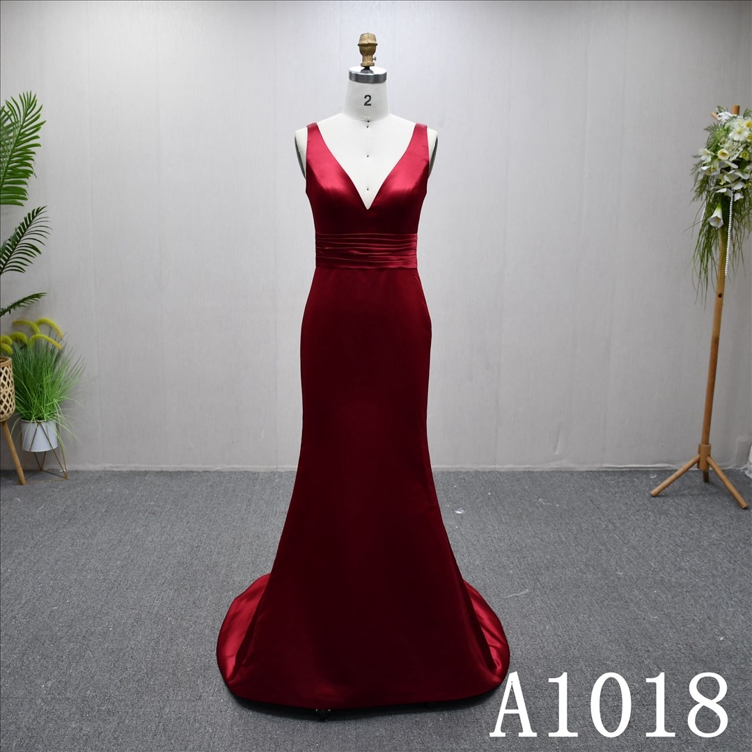 Stain Mermaid Gown V Neckline  Red Color for Cocktail Dress Simple Design