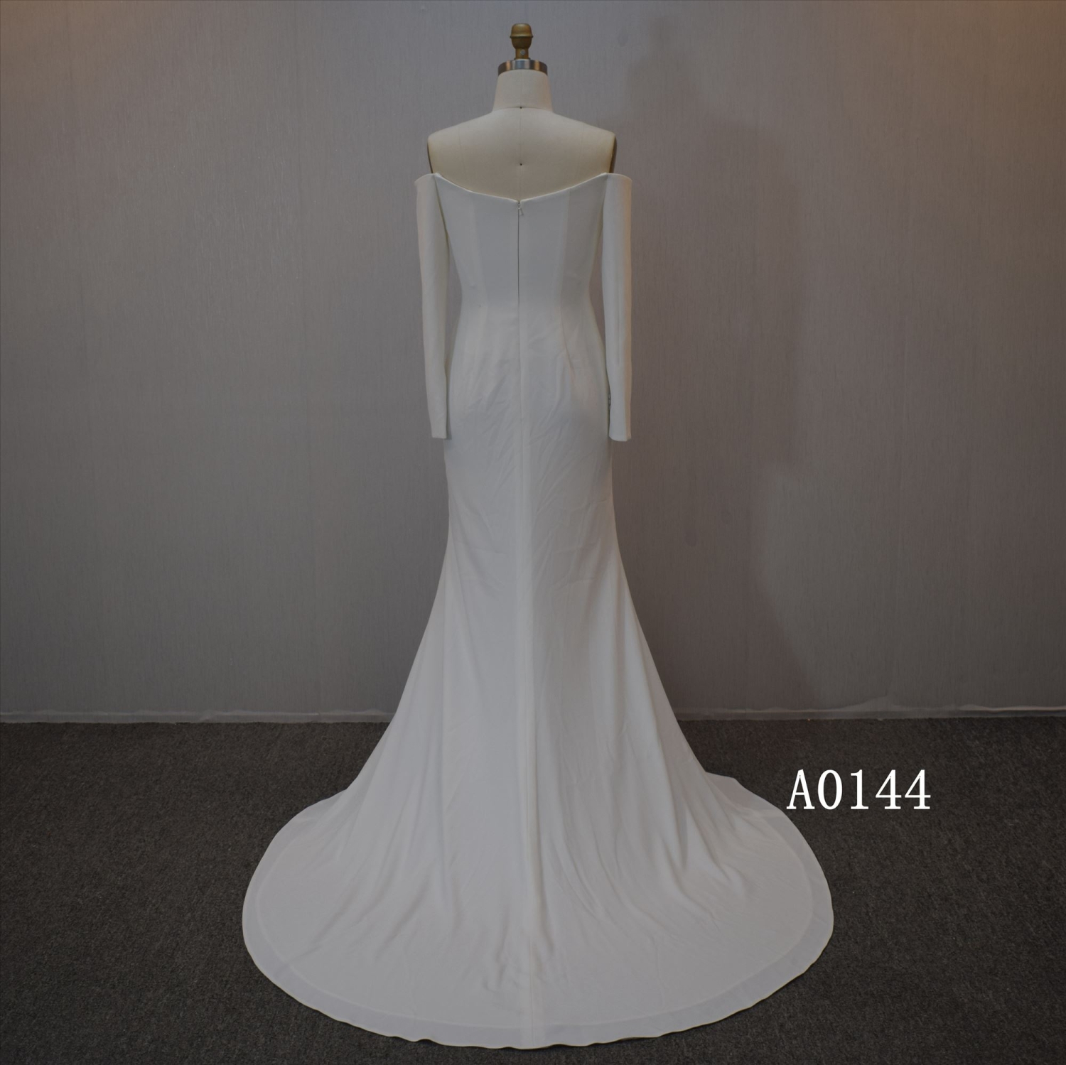 2022  Off Shoulder Long Sleeves Slit Wedding Dress Crepe Mermaid Bridal  Dress For Women