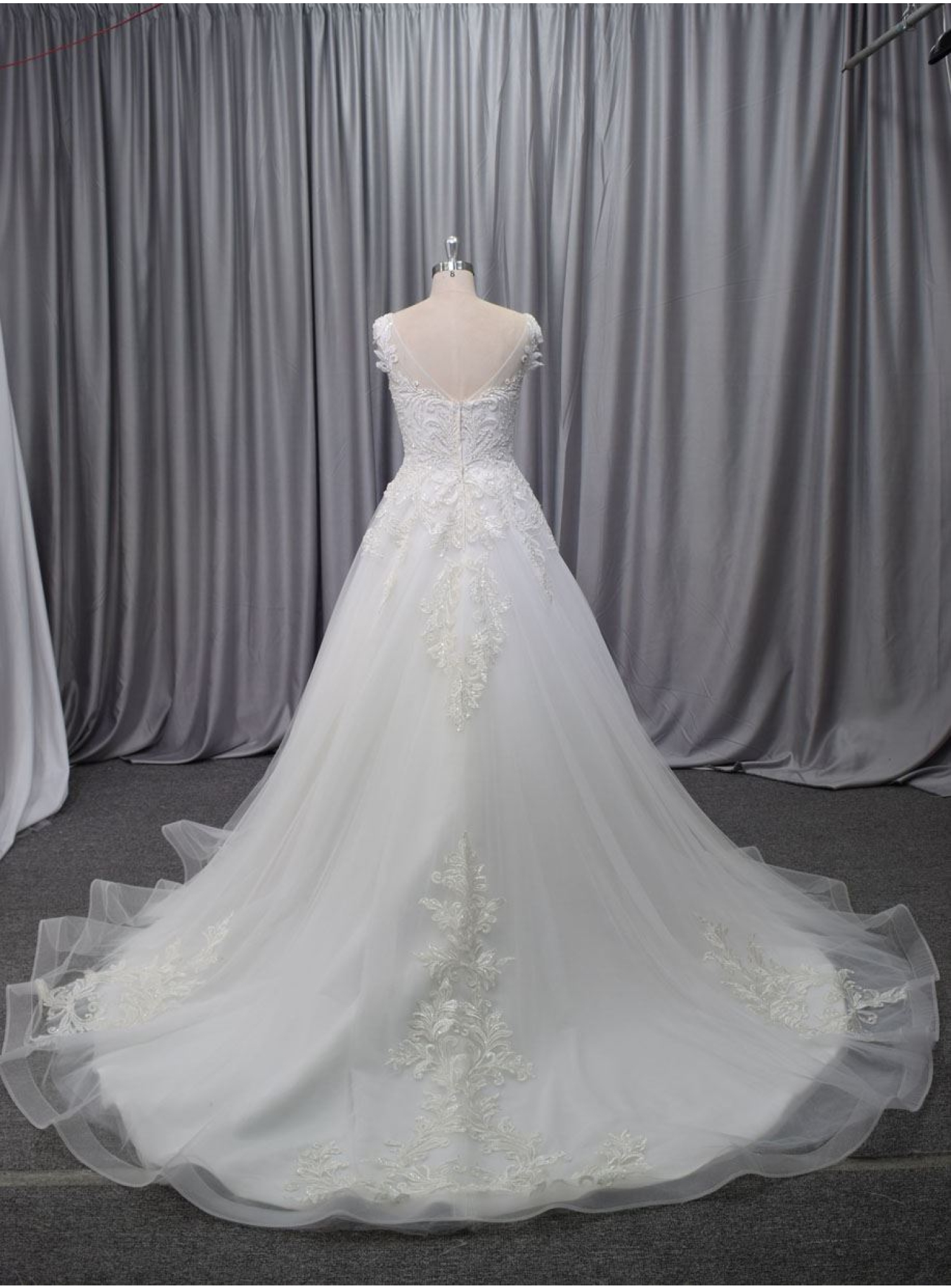 Bodice with clear beadingwork cap sleeves lace applique bridal gown