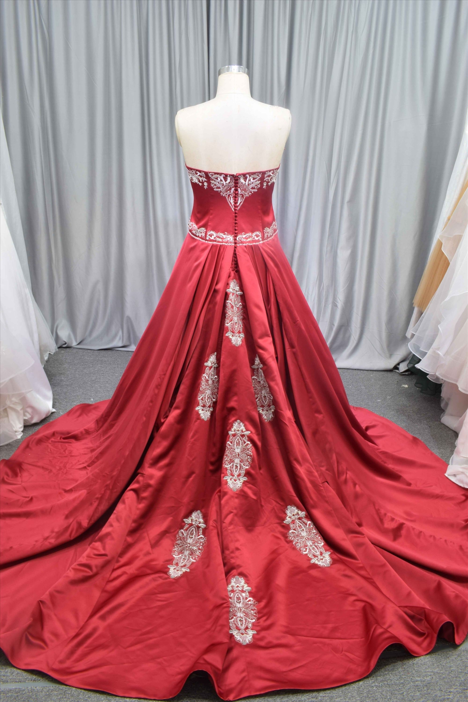 Red color satin dress embroidery lace A line bridal gown