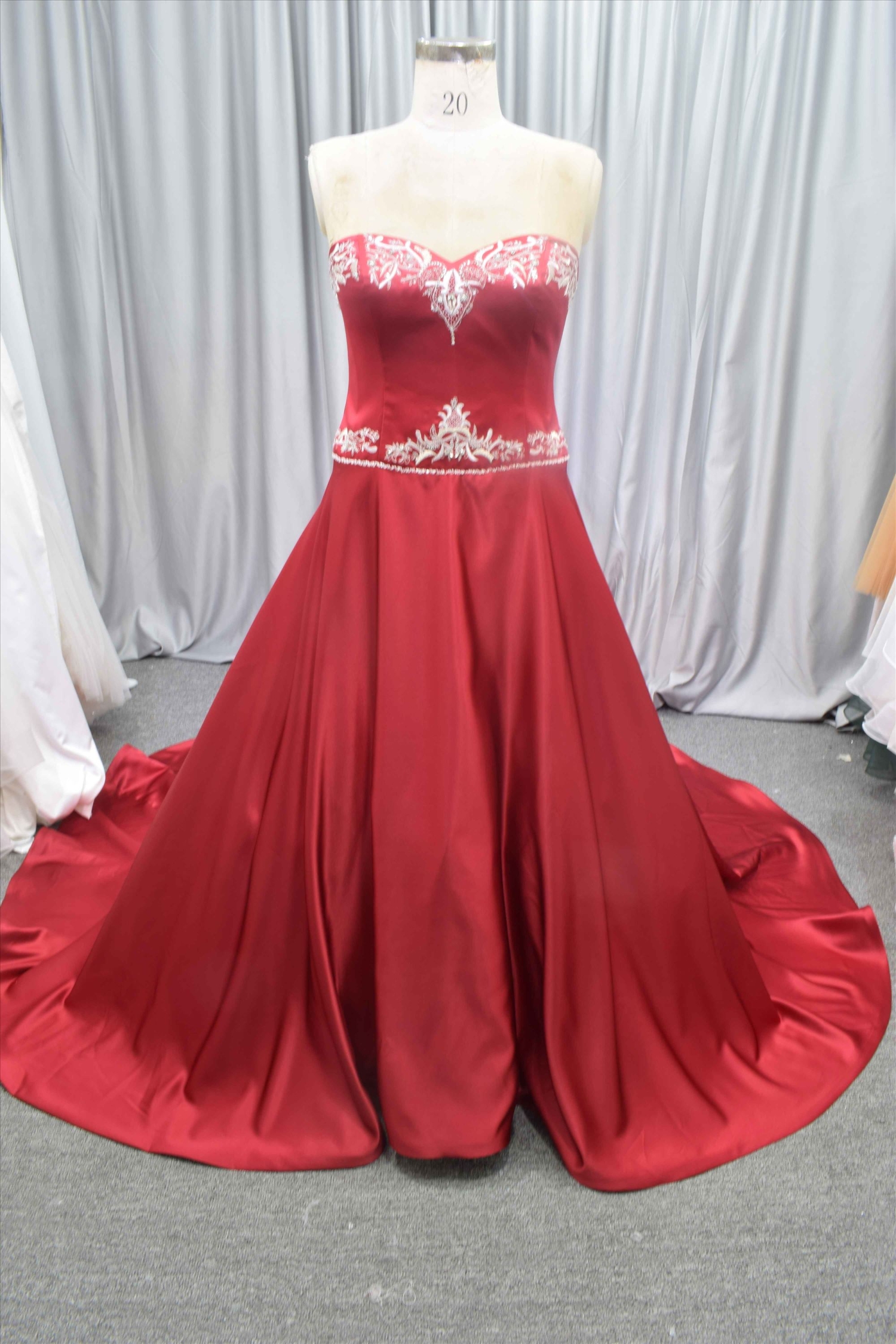 Red color satin dress embroidery lace A line bridal gown
