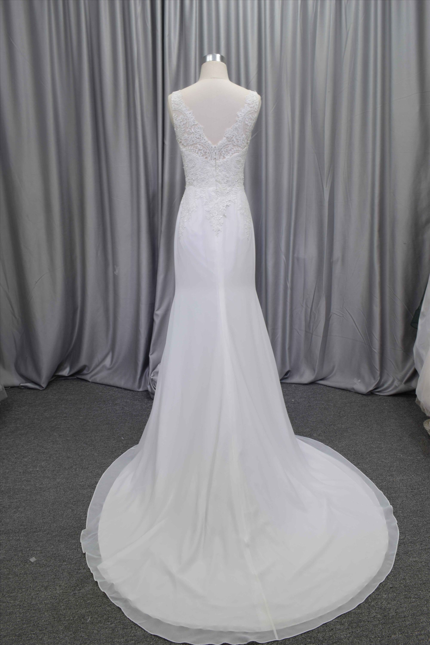 Sheath chiffon elegant wedding dress lace illusion straps bridal gown