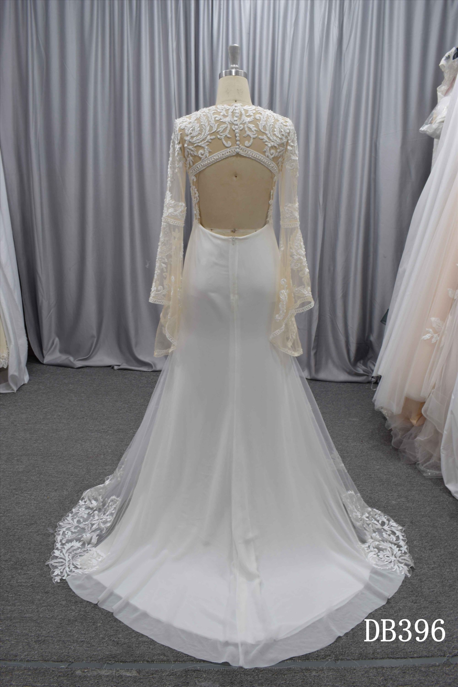 Trumpet sleeves Boho wedding dress with keyhole back