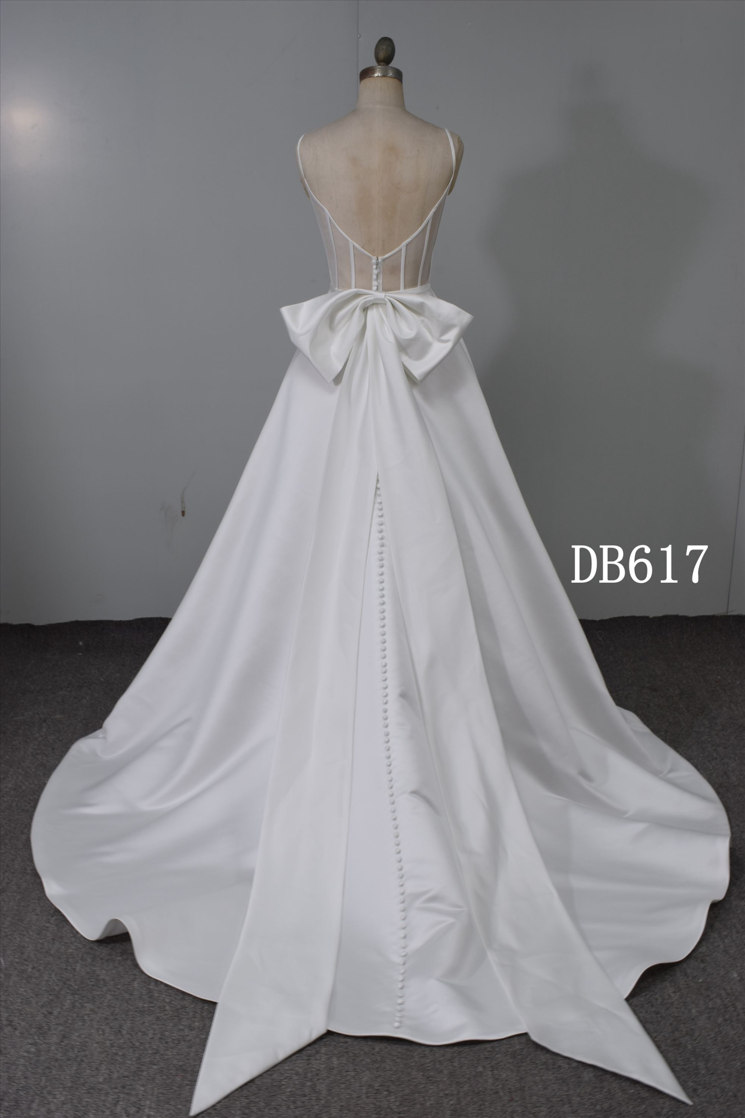 Spaghetti Straps Illusion Back Satin Bridal Gown With A Big Bow on Back