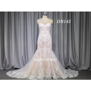 Pink color lace beading mermaid bridal gown