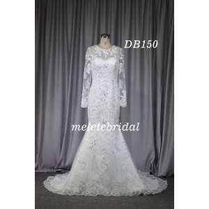 Long sleeves lace mermaid bridal gown with silver beading
