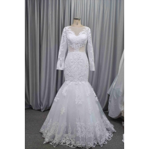 Long sleeves mermaid bridal gown lace with beading wedding dress with a detachable train