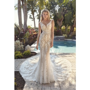 Gorgeous nude color lace mermaid gown with a beautiful train bridal dress