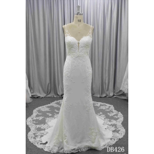 Crepe with lace wedding dress Illusion back bridal gown