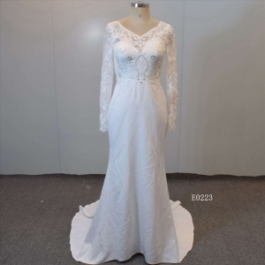 Crepe V Neckline Bridal Gown Long Sleeves Beading Mermaid Wedding Gown