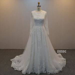 Long Sleeves A Line  Wedding Gown With Lace Applique For Women Wedding