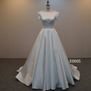 Simple Design Satin  Scoop neckline Bridal Gown A Line  Backless Wedding Dress