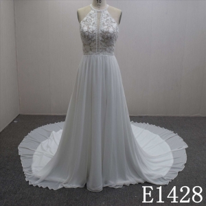 Summer Exquisite Halter Strap With Lace Flower Chiffon Hand Made Bridal Dress
