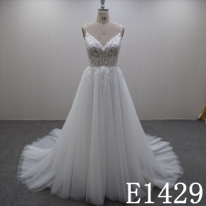 Summer Simple Spaghetti Straps A-line With Lace Flower Hand Made Bridal Dress