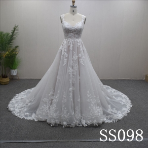 V-neck with Sweep train Lace flower  Hand Made Bridal Dress