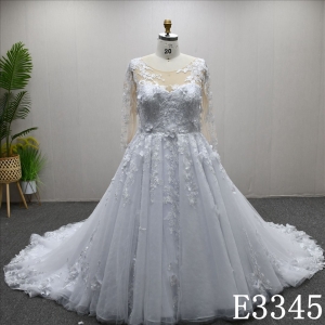 Long Sleeve White And Nude Illusion And Elegant Lace 3D Applique Wedding Dress