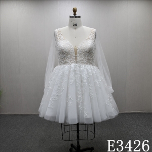 2025 Long Sleeve V-neckline Lace Applique A-line High Quality Short Skirt