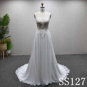 V Neckline Fashion Elegant Lace Beaded A-line High Waist Popular Wedding Dress