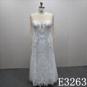 Illusion Long Sleeves Lace Applique Beaded Sequins Sheath Mermaid Bridal Dress