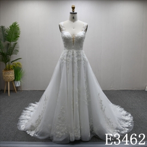 Luxury V-neckline Lace Applique Shiny High-end Long Train A-line Wedding Dress