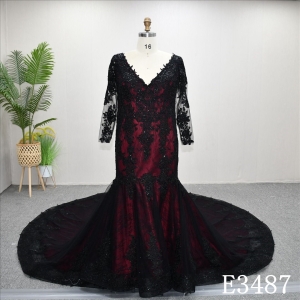 Elegant Black And Red Long Sleeves Lace Beaded Sheath Mermaid Bridal Dress
