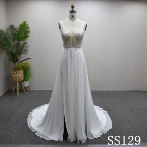 V Neck Chiffon Beaded Hot-selling A-line High Quality Fashion Bridal Dress